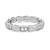 An image of a Bvlgari Serpenti Viper unisex adult band ring with diamonds, displayed in a close-up, front-facing view. The ring features a sleek, white gold band with cut-out details. Across the band, the brand name "BVLGARI" is engraved with prominence. The ring is adorned with multiple sparkling diamonds, bezel-set in a symmetrical alignment that accentuates their brilliance. The diamonds are positioned at equal intervals along the band, with the design allowing for the stones to capture and reflect light effectively. The image is taken from a slightly elevated angle to showcase the ring's details and the reflective quality of both the diamonds and the metal. The condition of the ring is new. 