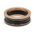 An image of a Bvlgari B.Zero1 two band black ceramic unisex adult ring without stones, showcasing a close-up, angled view from above. The ring features a stacked design with two prominent rose gold bands sandwiching a black ceramic band in the center. The rose gold surfaces are engraved with the brand's signature and other details, creating a contrast against the sleek, black middle section. The ring is positioned with a slight tilt, allowing visibility of the interior where the size and 'Made in Italy' mark are visible. The perspective is such that the ring occupies a central position in the frame, with a clear view of its design elements and craftsmanship. The condition of the ring is new. 