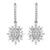 An image of a pair of Rachel Koen women's drop earrings with diamonds, presented on a neutral background. The earrings are shown from a front-facing angle and at a close distance, providing a clear view of their intricate design. Each earring features a hoop encrusted with small round diamonds leading to a dangling element with a sunburst motif in white gold. The sunburst is composed of multiple diamonds of various cuts, including round and baguette cut, creating a radiant star-like pattern. The symmetry of the earrings is displayed by their identical positioning, side by side.