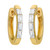 An image of a pair of Rachel Koen unisex huggie earrings with baguette cut diamonds, displayed frontally at a close distance. The earrings are hoop-shaped with a lustrous yellow gold finish, and feature a vertical row of baguette-cut diamonds set along the front angle of each hoop.