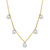 An image of a Rachel Koen women's necklace with diamonds, displayed against a white background. The necklace features a yellow gold chain with evenly spaced teardrop-shapes with studded round and baguette cut diamonds hanging vertically. The diamonds are shown in a close-up front view, with a central diamond slightly larger and positioned at the bottom center, creating an elegant focal point. The necklace is presented at a straight-on angle with the diamonds facing the viewer, capturing the sparkle and intricate cuts of the stones.