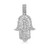 An image of a Rachel Koen brand unisex hamsa pendant with diamonds, showcased head-on against a white background. The pendant is intricately designed with multiple rows of sparkling round and baguette cut diamonds, arranged in a symmetric, cascading pattern that resembles a stylized palm or hamsa. The diamonds are set in a polished white gold metal, with the closest part of the pendant appearing slightly larger due to the perspective, suggesting a slight elevation towards the viewer. The pendant is attached to a matching diamond-encrusted bail, indicating where it would hang from a chain. The overall composition is centered and the piece is presented in a close-up view to highlight the details and craftsmanship.