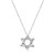 An image of a Rachel Koen brand necklace with diamonds designed for unisex adults. The necklace is displayed centrally with a front-facing view on a plain white background. A geometric star pendant, encrusted with multiple small round and baguette cut diamonds creating a sparkling effect, hangs from a white gold chain with round links. The pendant is positioned at a straight angle and the chain extends symmetrically from the top corners of the pendant, occupying the upper half of the image. The distance from the viewer is such that the entire necklace and pendant are in clear focus, showing intricate details and the reflective quality of the diamonds.