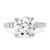 An image of a Rachel Koen brand women's engagement ring with lab grown diamonds, displayed in a close-up frontal view. The ring features a prominent, round-cut center diamond held by four prongs, with a band encrusted with smaller round diamonds. The band and setting are made of a reflective, polished white gold metal enhancing the sparkle of the gemstones. The angle of the image provides a clear view of the ring's design and craftsmanship, with a focus on the brilliance and facets of the center diamond.