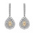 An image of a pair of Rachel Koen diamond earrings for women, displayed frontally at an equal distance from the viewer, with a clear view of the intricate design. Each earring features a pear-shaped central yellow diamond, encased in a halo of smaller round cut diamonds, and suspended from a straight line of diamonds, all set in a white gold metal. The earrings are symmetrically positioned side by side.