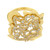 An image of a Rachel Koen women's large cocktail ring with diamonds, showcasing an intricate yellow gold band with a floral-like design embedded with numerous small, sparkling diamonds. The ring is photographed from a top-down perspective, centered and up-close, allowing for detailed visibility of the diamonds' arrangement and the gold's polished finish. The 18K gold stamp is visible inside the band, indicating its purity.