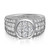 An image of a unisex adult ring by Rachel Koen, featuring a cluster of princess and round cut diamonds in the center framed by two rows of channel-set diamonds on each side. The ring is presented in a close-up, front-facing view, showcasing the sparkle and design details with a white, neutral background.