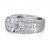 An image of a unisex adult Rachel Koen ring with diamonds, shown in close-up with a side view angle that highlights the ring's design and diamond placement. The ring features multiple diamond surrounded by multiple smaller diamonds, set in a thick, white gold polished band, captured in high resolution with the focus on the diamonds and the band's upper half. The background is a pure white, accentuating the ring's brilliance and detail.