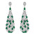 An image of a pair of Rachel Koen brand women's earrings featuring a cascading design with alternating diamonds and green emerald gemstones. The earrings are displayed against a white background, facing forward, and are positioned symmetrically side by side. Each earring starts with a diamond-encrusted stud at the top, followed by a series of pear cut green gemstones and round diamonds arranged in a teardrop shape. The view is head-on and the earrings appear at a medium distance, allowing for clear visibility of the intricate details and sparkling stones.