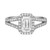 An image of a Rachel Koen brand women's engagement ring with lab grown diamonds, showcased in a close-up front view. The ring features a prominent rectangular emerald-cut diamond center stone with a halo of smaller round-cut diamonds, and the band is adorned with diamonds along its entire circumference, offering a continuous sparkle. The ring is positioned centrally against a white background, allowing for clear visibility of its design and intricate details. The angle of the shot is head-on, providing a direct look at the ring's face and the alignment of the stones.