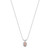 An image of a Rachel Koen women's necklace with lab grown diamonds, featuring a delicate chain with a centre pendant. The pendant showcases a pink-hued lab grown diamond encircled by smaller clear lab grown diamonds, creating a halo effect. The necklace is photographed in a straight-on view against a white background, with the pendant centrally positioned and the white gold chain extending symmetrically on both sides. The image is taken from a close-up angle, providing a clear view of the diamonds' sparkle and the intricate setting details.