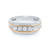 An image of a Rachel Koen men's wedding band with diamonds, captured from a top-front angle to highlight the design details. The ring, positioned centrally in the frame, features a white gold band with a yellow gold stripe running through the middle, where five round-cut diamonds are bezel-set in a line. The image is taken from a close distance to showcase the shine and facets of the diamonds.