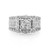 An image of a Rachel Koen women's engagement white gold ring with diamonds. The ring is presented in a frontal view with a slight angle to show depth, positioned centrally. It features a prominent princess-cut diamond in the center, surrounded by round-cut diamonds, with baguette-cut diamonds on both sides. The setting is designed to maximize sparkle, with diamonds encrusting the entire visible surface. The photo is taken from a close distance, providing a clear view of the ring's intricate details and the stones' brilliance.