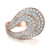An image of a Rachel Koen women's cocktail ring with diamonds, displayed at a three-quarter angle to showcase the intricate details. The rose gold band forms a loop design encrusted with multiple rows of sparkling diamonds, creating a sense of depth and luxury. The ring is centered and occupies a mid-range distance within the frame, allowing for a clear view of the gemstones and the polished metal's sheen.
