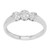 An image of a women's Rachel Koen brand ring with diamonds, centered and viewed from a top-down angle. The ring features a polished white gold band with three prominent clusters of diamonds set close together on the top, each resembling a flower. The image is taken from a close distance, highlighting the reflective facets of the diamonds and the smooth finish of the metal band.