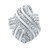 An image of a Rachel Koen women's cocktail ring with diamonds, displayed in a close-up, frontal view on a neutral background. The ring features a complex, intertwined band design with multiple loops, all encrusted with sparkling diamonds that catch the light. The bands are 14k white gold polished, with the diamonds set along the curves, emphasizing the ring's intricate craftsmanship and luxurious appearance. The image is taken from a distance that showcases the entire ring, allowing the details and reflective surfaces to be clearly visible.