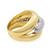 An image of a Rachel Koen brand women's ring with diamonds. The ring features a unique design with two intertwined bands. The top band is adorned with numerous small diamonds set closely together, covering the entire half-circle visible in the image, giving a sparkling and textured appearance. The lower band is polished yellow gold with a hammered finish, exhibiting a series of small indentations that catch the light, creating a shimmering effect. The bands are shown at a slight angle and a close distance, focusing on the intricate details of the diamond settings and the textured gold surface. The ring is positioned centrally against a white background, emphasizing its elegant design and luxurious materials. The ring is pre-owned in a great condition. 