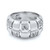 An image of a women's Rachel Koen brand cocktail ring with diamonds, showcased in a close-up frontal view on a white background. The ring features a robust, shiny white gold band adorned with multiple inset diamonds. Some diamonds are grouped in clusters, while others are spaced evenly along the band, creating a pattern of brilliance and texture. The photograph is taken from a slight angle above the ring, focusing on the details and craftsmanship of the piece.