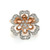 An image of a Luca Carati women's cocktail ring with diamonds displayed frontally at a close distance. The ring features a large, flower-shaped design with petals in alternating polished rose gold and white gold, both adorned with sparkling diamonds. The petals are arranged in two layers, with the rose gold petals on top, creating a three-dimensional effect. The diamonds are set in a way that enhances the floral motif and the ring is centered on a white background. 