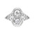 An image of a Rachel Koen women's vintage ring with diamonds, captured head-on from a top view. The ring features a prominent, intricate white gold band with openwork details, leading up to a symmetrical, geometric design at the crown. Two large, round-cut diamonds are set in the center, framed by smaller diamond accents within hexagonal bezels, all displayed against a bright white background that emphasizes the clarity and sparkle of the stones. The shot is taken from a close distance, ensuring the details are crisp and in focus.The ring is pre owned in a good condition. 