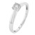 An image of a Bliss by Damiani women's ring with diamond, viewed from a front angle slightly offset to the left. The ring features a polished white gold band with a single prominent diamond set in a raised mount at the center. The image is taken from a close distance, showcasing the reflective facets of the diamond and the smooth finish of the band.