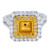 An image of a Rachel Koen brand cushion set mounting set in a yellow gold for women, surrounded by a double halo of smaller white diamonds. The outer halo is set in white gold metal, and the ring is positioned centrally against a white background, with the band partially visible as it curves on either side. The ring is shown in close-up, capturing the brilliance and details of the diamonds.