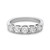 An image of a Rachel Koen brand women's wedding ring with diamonds, viewed from a top angle showcasing the diamonds set in the band. The ring is positioned centrally in the frame with a close-up view, allowing for clear visibility of the individual diamonds and their settings. The platinum band has a polished finish and the diamonds are round cut, evenly spaced in a shared prong setting along the top half of the ring. The background is white, emphasizing the ring's details. The ring is pre-owned in great condition. 