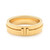 An image of a polished, yellow gold Tiffany & Co. ring without stones with T design in the center for unisex adults. The ring is positioned horizontally in the center of the frame with a slight tilt, giving a view of both its outer band and the inner band's edge. The distance from the camera provides a close-up that focuses on the ring's simple yet elegant design.