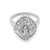 An image of a women's Rachel Koen brand cocktail ring with diamonds, displayed in high resolution against a white background. The ring is shown from a top-down view, centered and photographed at a close distance to highlight the intricate detail. The round cut diamonds are set in a circular pattern with a clustered arrangement at the center, surrounded by a halo of larger baguette diamonds, vertically set stones, all mounted on a polished white gold band. .