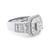 An image of a women's Rachel Koen ring with diamonds, positioned at a slight angle to showcase the intricate details of the setting. The ring features a prominent central diamonds with a halo of smaller diamonds, flanked by rows of baguette and round diamonds on a polished white gold band. The photograph is taken from a close distance, providing a clear view of the diamonds' sparkle and the ring's design.The ring is pre owned in a great condition.