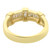 An image of a Rachel Koen women's ring with diamonds, viewed from a top-down angle showcasing the ring's full circle. The ring features a smooth, polished yellow gold band with a row of channel-set baguette cut diamonds across the top. The image is taken at a close distance, providing a clear view of the diamonds' facets and the shiny gold finish.The ring is pre-owned in a great condition. 