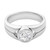 An image of a unisex adult engagement ring by Rachel Koen, showcased in a close-up front view. The ring is designed with a thick, polished platinum band that tapers towards the center, where a large, round brilliant-cut diamond is bezel set. The diamond is positioned flush with the band, creating a seamless and modern appearance. The lighting reflects off the smooth metal and facets of the diamond, highlighting its clarity and craftsmanship. The ring's interior is slightly visible, revealing the brand's hallmark.The ring is pre-owned in a great condition. 