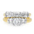 An image of a Rachel Koen women's engagement ring with wedding band in diamonds, displayed frontally at a close distance with a slight angle to show the ring's depth. The ring features a large central round cut diamond with baguette cut diamonds on both sides set in a white gold and yellow gold band, flanked by smaller diamonds on the wedding band. The band transitions to yellow gold as it encircles the finger, emphasizing the two-tone design.