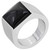 An image of a unisex adult Cartier ring with gemstone, positioned at a slight angle to showcase the top and side view. The ring features a prominent black Onyx gemstone set in a thick white gold band. The gemstone has a pyramidal cut and is mounted flush with the band's surface. The Cartier brand name is engraved inside the band, visible on the lower right side of the image. The photo is taken from a close distance, ensuring that the details of the gemstone and the engravings are clear. Great preowned condition.