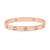 An image of a Cartier women's love bracelet with diamonds, showcased in a close-up, front-facing view against a white background. The bracelet is made in rose gold and features a sleek, circular bracelet design with evenly spaced, decorative screw motifs. At two opposing points on the band, brilliant-cut diamonds are prominently set, capturing the light and adding a luxurious sparkle. The brand's signature and hallmark are subtly inscribed on the outer surface of the bracelet. The photograph is taken from a straight-on angle, ensuring that the details of the diamonds and the iconic design are clearly visible. Comes in a great preowned condition.