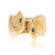An image of a Vintage Cartier Anoubois women's ring with gemstones, showcased on a reflective surface. The ring is captured at a close distance and centered in the frame, with a front-facing angle that highlights its design features. The ring has a polished yellow gold band with a distinctive, abstract, sculptural form. Two bright green gemstones are set within yellow gold, one on each side, adding a touch of color and elegance to the piece. The reflection of the ring is visible beneath it, creating a symmetrical effect. Comes in a great preowned condition.