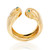 An image of a women's Vintage Cartier Anoubois ring with gemstones, showcasing an open design with two small green gemstones set at the ends of the yellow gold band. The front view of the ring is centered and shot at a straight angle, with high resolution capturing the gleaming metal and the clear detail of the green gemstones. The ring occupies the middle ground, providing a clear view of its unique design and the hallmark inside the band. Comes in a great preowned condition.
