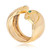 An image of a women's Vintage Cartier Anoubois ring with gemstones, positioned upright and viewed at a slight angle to showcase the design and gemstone placement. The ring is in yellow gold, featuring a thick band that splits into two curved sections at the top. A small, round green gemstone is embedded in one section, close to where the split begins. The light reflects off the metallic surface, highlighting the ring's polished finish and the subtle wear marks indicating usage. The shot is taken at a close distance, focusing on the ring to capture its details against a white background. Comes in a preowned condition.