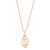 An image of a Cartier Double C De Cartier women's necklace in rose gold, displayed against a white background. The necklace features a delicate chain at a slight angle, with oval pendant adorned with a cut-out design that suggests the presence of diamonds. The pendant hangs centrally, and the image is taken from a front-facing view, showcasing the jewelry item's design and craftsmanship from a medium distance. Comes in a great preowned condition.