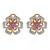 An image of a pair of new Luca Carati women's earrings featuring a floral design, viewed from the front at a medium distance. The earrings have rose gold and white gold petals accented with small round diamonds and central pink sapphire gemstones in a purple hue. The intricate details and sparkle of the diamonds are clearly visible.