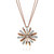 An image of a new Luca Carati women's necklace with diamonds, featuring a rose gold pendant with a floral design, adorned with alternating sparkling round cut diamonds on white gold petals with smooth rose gold petals. The pendant is centrally positioned and hangs gracefully from a rose gold chain, displayed at a straight-on angle against a white background. The image is a close-up, capturing the intricate details and brilliance of the diamonds with a slight reflection visible below the necklace.