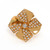 An image of a new Luca Carati women's cocktail ring with diamonds, photographed from above at a close distance, showing a top view that highlights the ring's intricate design. The ring is made in yellow gold and features a large, flower-like setting with multiple petals, each encrusted with small, sparkling round cut diamonds. At the center of the flower, there is a prominent, larger round diamond that serves as the focal point. The overall appearance is luxurious and ornate, with a warm golden hue and the reflective quality of the diamonds providing a shimmering effect.