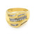 An image of a Rachel Koen women's cocktail ring with diamonds, presented in a close-up front view. The ring features a 14K yellow gold band with a unique, modern design that includes multiple levels and curves. Set within the gold band are rows of channel-set diamonds that create a sparkling contrast. The image is taken from a slightly raised angle, showcasing the ring's intricate details and reflections on the polished metal and faceted gems.The ring is pre-owned in a great condition. 