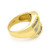 An image of a Rachel Koen women's gold ring with diamonds, captured from a high angle showing the ring's top and side. The band has a thick, polished finish and is set with multiple rectangular diamonds in a channel setting, with a close-up view that emphasizes the ring's shine and the stones' facets. The background is a neutral white, which contrasts with the ring's golden tone. The hallmark "14K" is visible inside the band, indicating the purity of the gold.The ring is pre-owned in a great condition. 