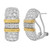 An image of a pair of Rachel Koen women's huggies earrings with round cut diamonds, displayed against a white background. The earrings feature a textured white and yellow gold hoop with two gold-tone bands wrapped around, each band flanked by a row of pave-set diamonds. The image is a close-up, front-facing view, showing one earring from a slight angle to reveal the lever-back closure while the other earring is positioned straight on to showcase the design details.