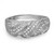 An image of a Rachel Koen brand women's ring with diamonds, showcased in a close-up side view that highlights its intricate design. The ring features multiple rows of small, shimmering round cut diamonds set in a wavy pattern with milgrain detailing along the edges. The ring is positioned at a slight angle to the camera, giving depth to its design and allowing the light to catch the facets of the diamonds, enhancing their brilliance in white gold. The shot is taken from a distance that captures the entire ring while focusing on the texture and sparkle of the gemstones.