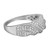 An image of a Rachel Koen brand women's ring with diamonds, showcased against a neutral background. The ring is positioned at a slight angle, with the left side closer to the viewer, providing a clear view of its intricate round cut diamond-studded design in white gold. The band, visible on the right, gently curves away, suggesting the ring's circular shape. The diamonds catch the light, indicating their quality and craftsmanship. The close-up perspective emphasizes the ring's details and luxurious appearance.