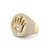 An image of a men's ring designed by Rachel Koen, featuring an oval-shaped face set with multiple cubic zirkonia. The ring is captured from a top-down angle with the band slightly tilted away from the viewer, emphasizing the face of the ring. The gemstones create a glittering border around the edge of the face, with additional stones accenting a crown-like design at the center. The background is a neutral white, providing a clear view of the ring's details. The ring appears to be gold-toned, and the photo is taken from a close distance to show the texture and sparkle of the gemstones.The ring is pre-owned and in good condition.