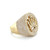 An image of a men's Rachel Koen brand ring with cubic zirkonia, displayed at a three-quarter angle with the ring facing slightly to the left. The ring is centered and close-up, showcasing its intricate design with a multitude of small, sparkling cubic zirkonia set in a yellow gold band and top surface. The top of the ring features a distinctive, ornate pattern with additional gemstones enhancing its luxurious appearance.The ring is pre-owned and in good condition.