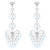 An image of a pair of Rachel Koen women's chandelier drop dangle earrings featuring diamonds and aquamarine set in a white gold. The earrings are displayed against a white background in a symmetrical frontal view. Both earrings are positioned vertically with a slight distance between them, offering a clear view of their intricate design. They consist of a series of interconnected diamond-studded shapes, culminating in a large, ornate drop-shaped element at the bottom, from which multiple teardrop-shaped blue aquamarine dangle gracefully. The overall impression is one of elegance and luxury.
